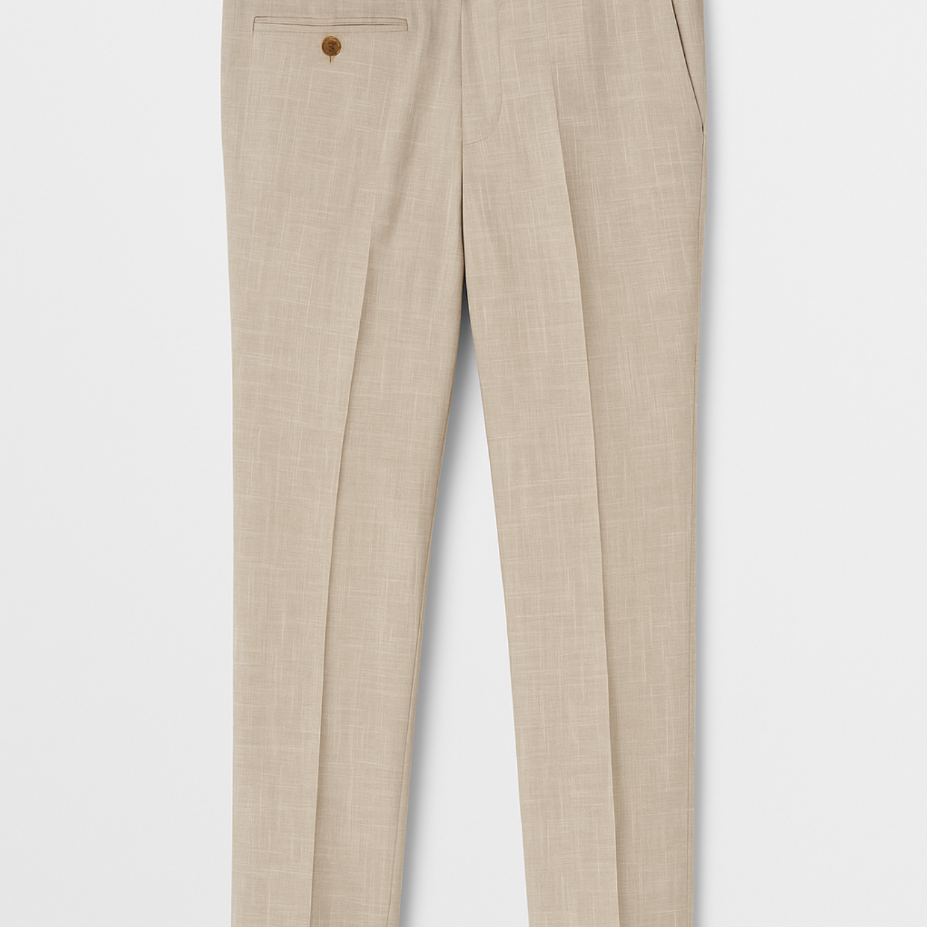 A tan suit jacket with a blue pocket square