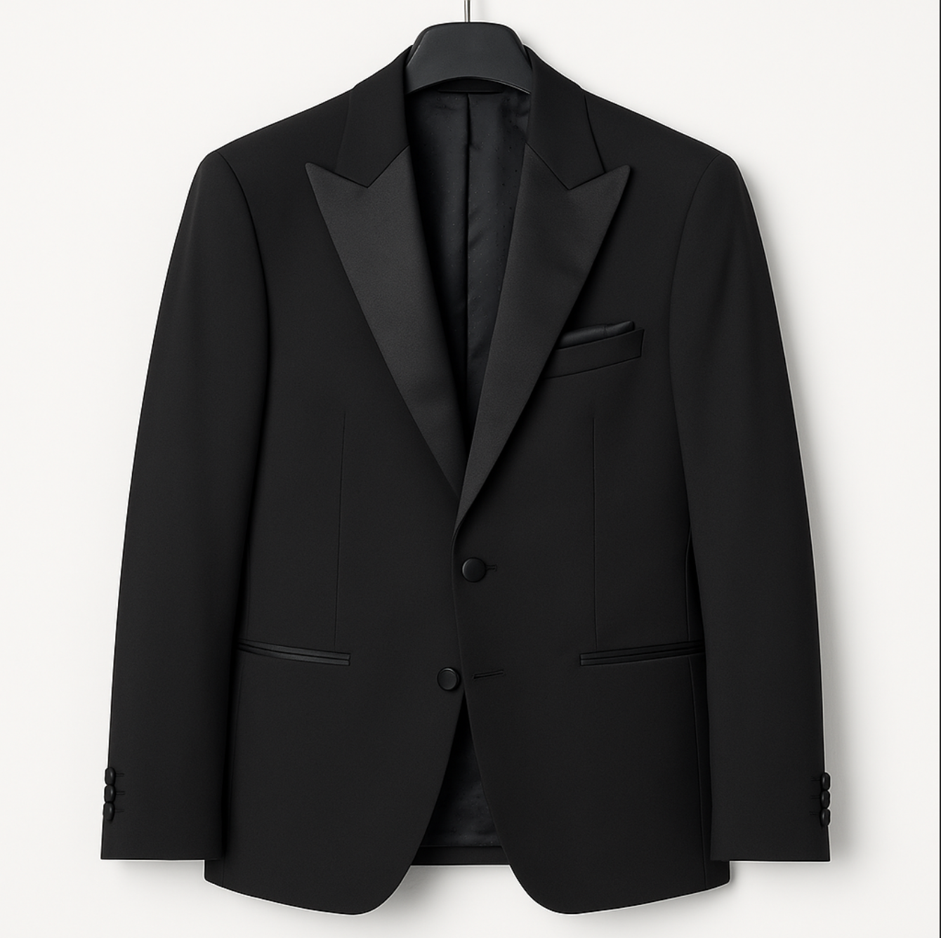 A black tuxedo jacket is hanging on a hanger