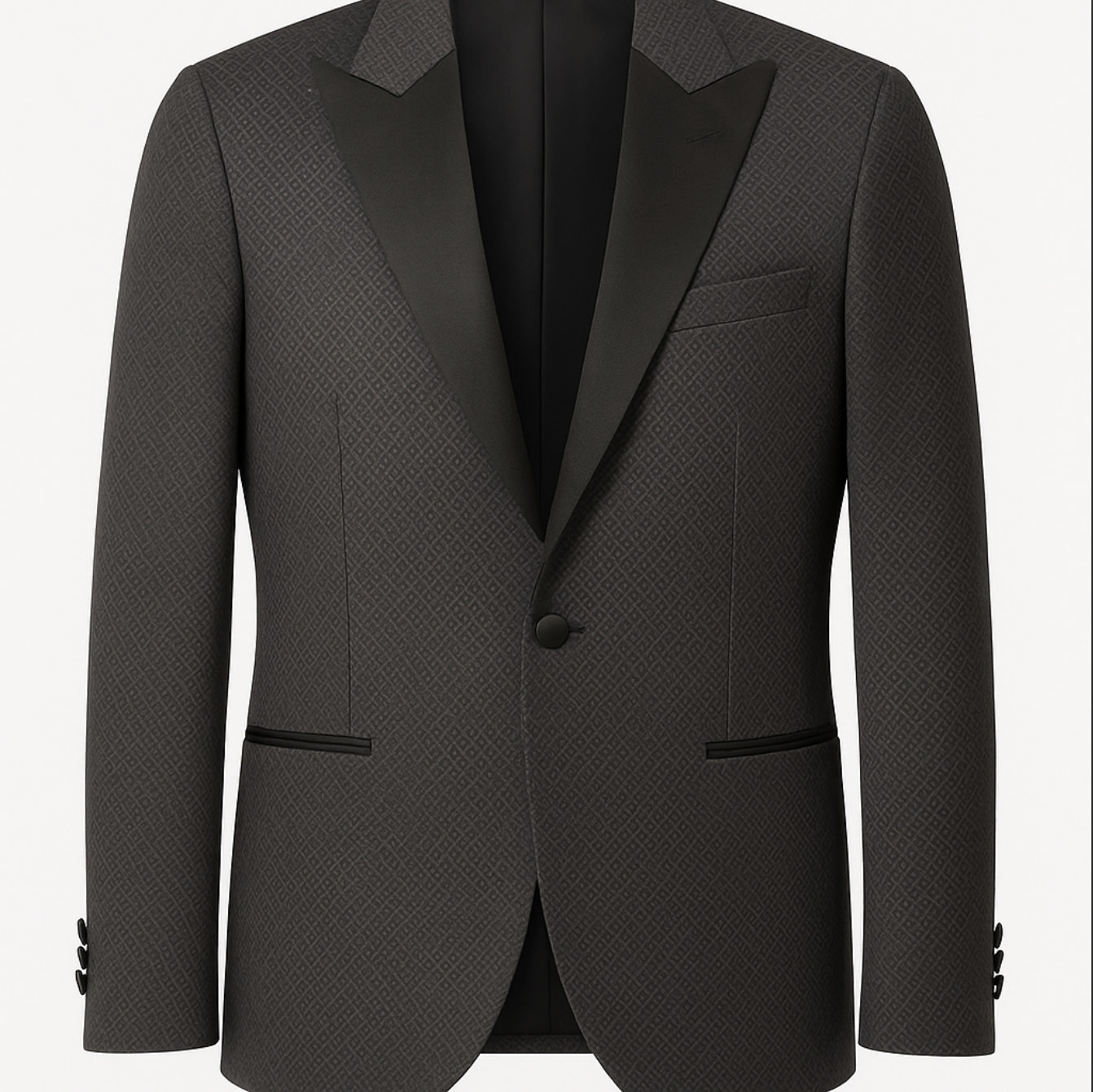 A black tuxedo jacket is shown on a white background