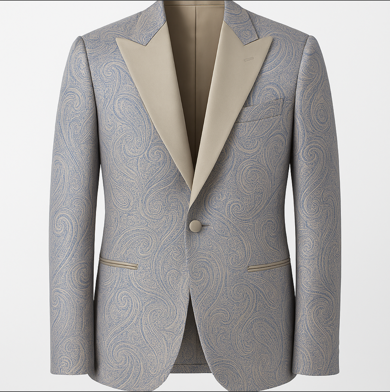 A grey paisley suit jacket with a tan lapel