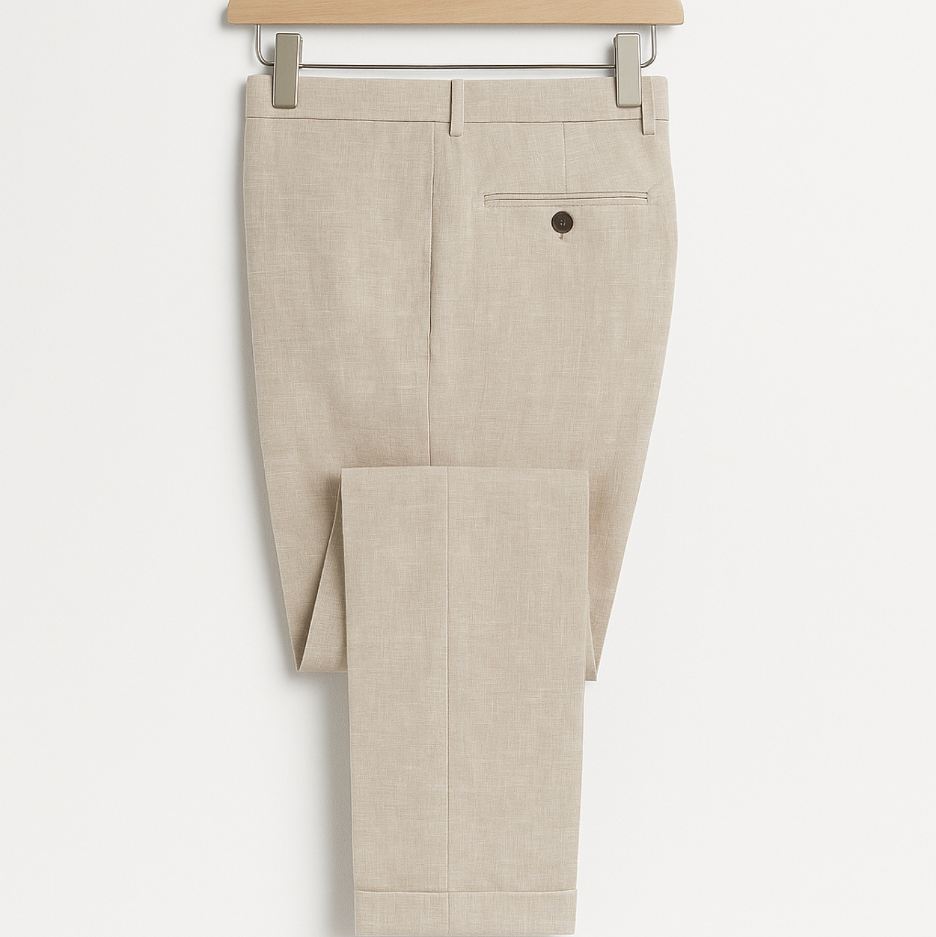 A tan suit jacket is hanging on a black hanger