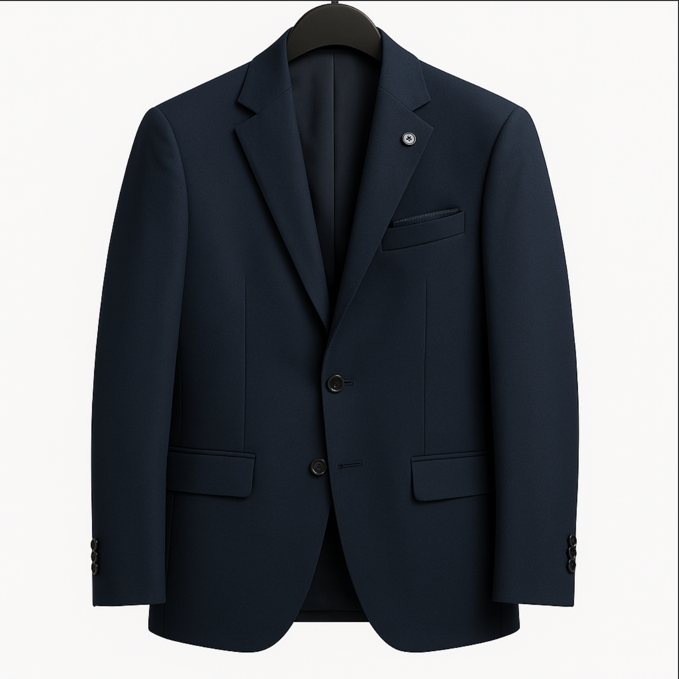 A blue suit jacket is hanging on a black hanger