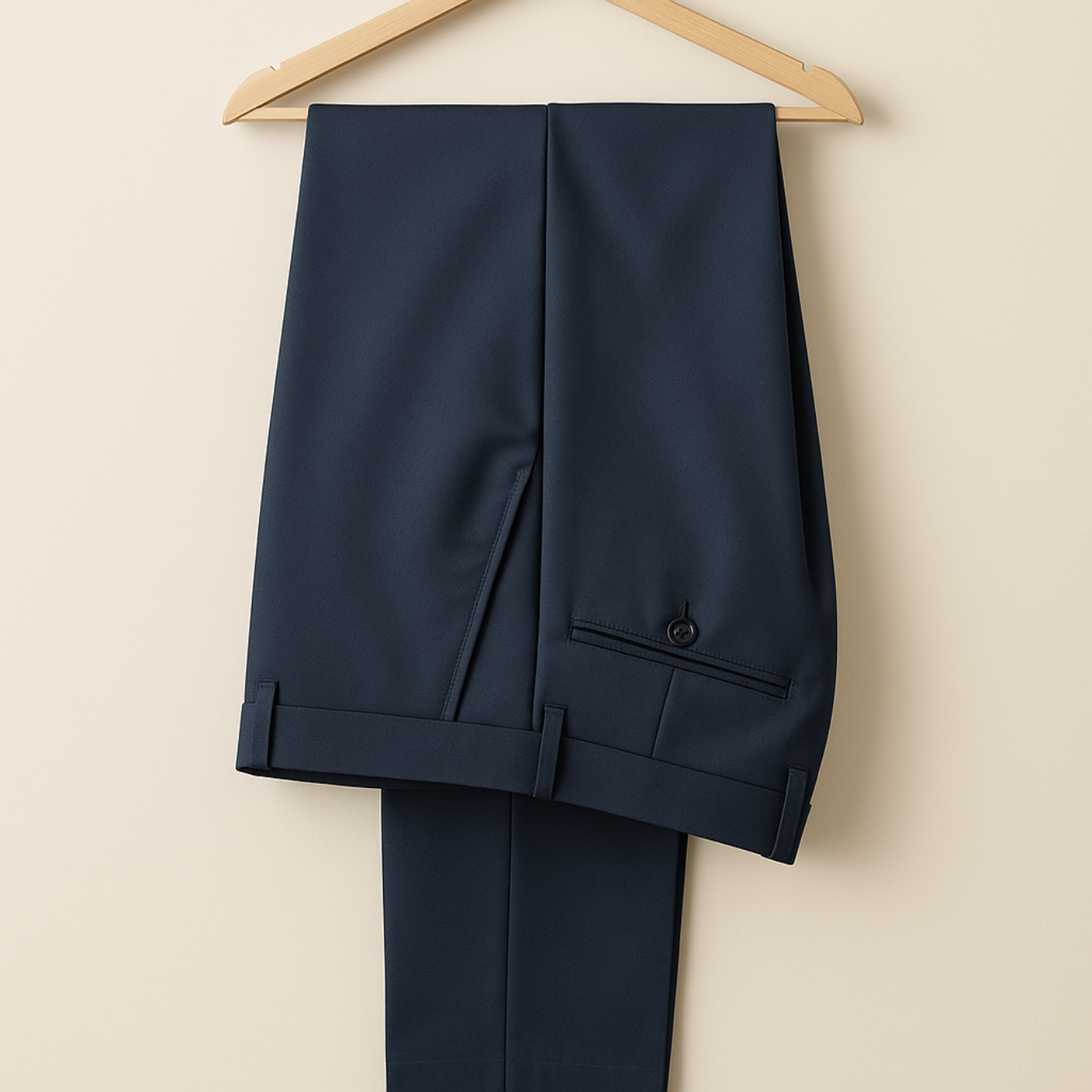 A blue suit jacket is hanging on a black hanger