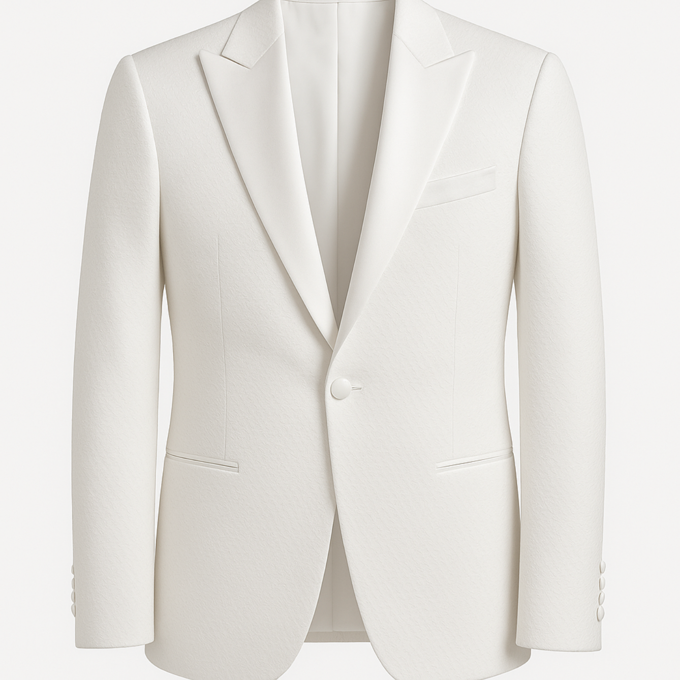 A white tuxedo jacket is shown on a white background