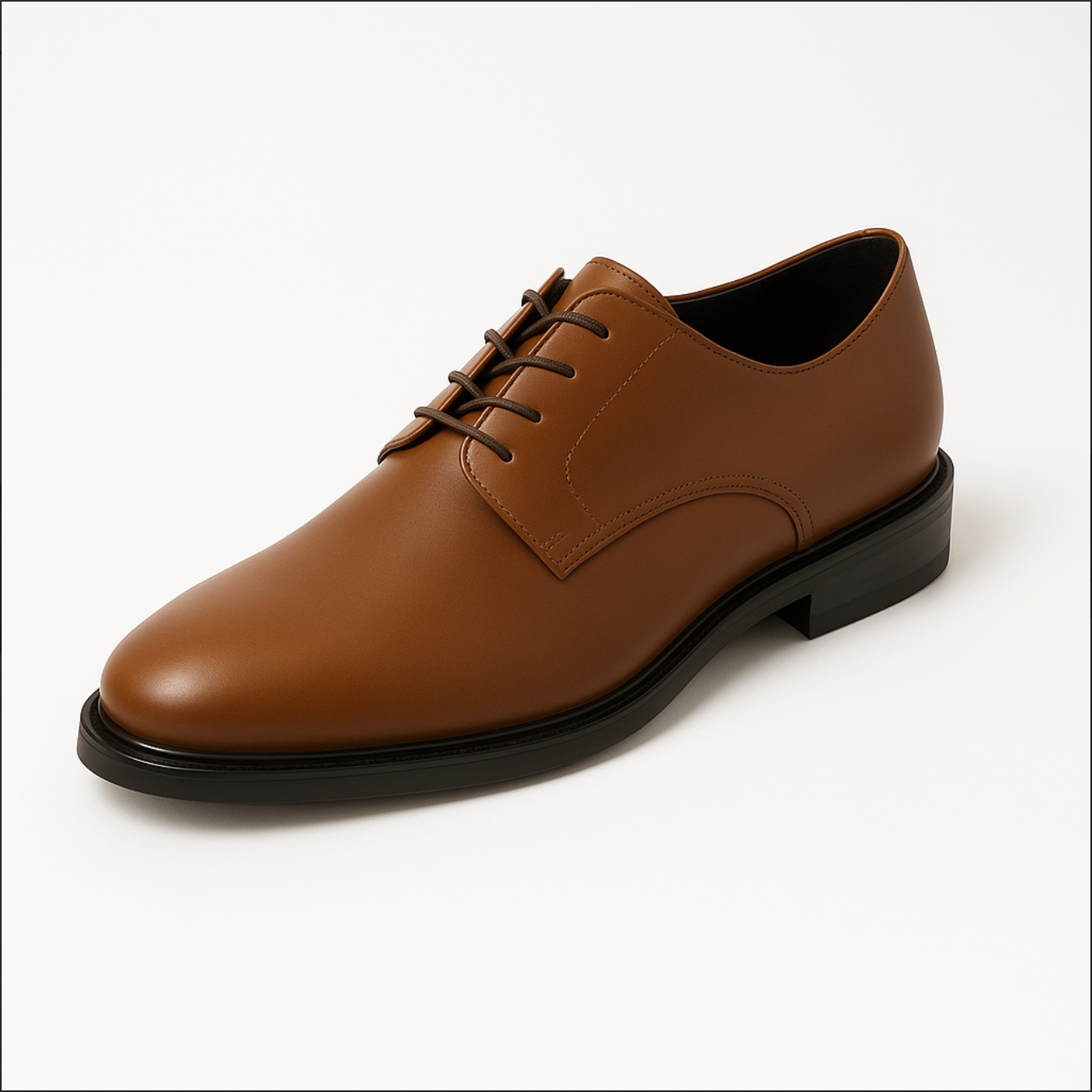 A pair of brown leather shoes with black laces on a white background.