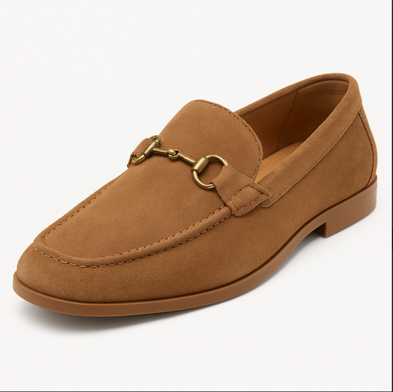 A pair of brown loafers with a gold buckle on the side