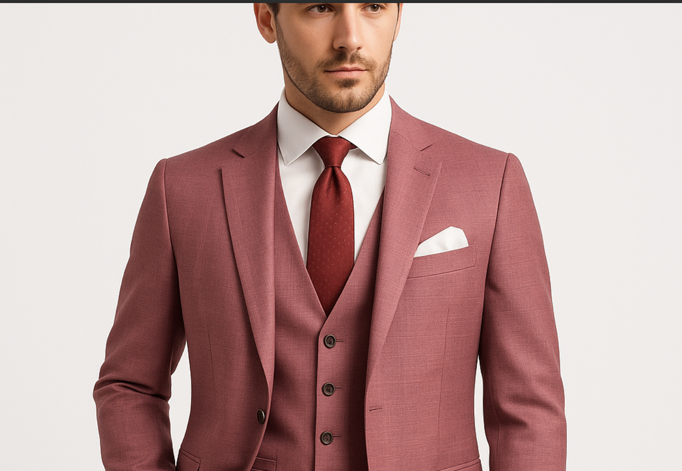 A man is wearing a pink suit and tie