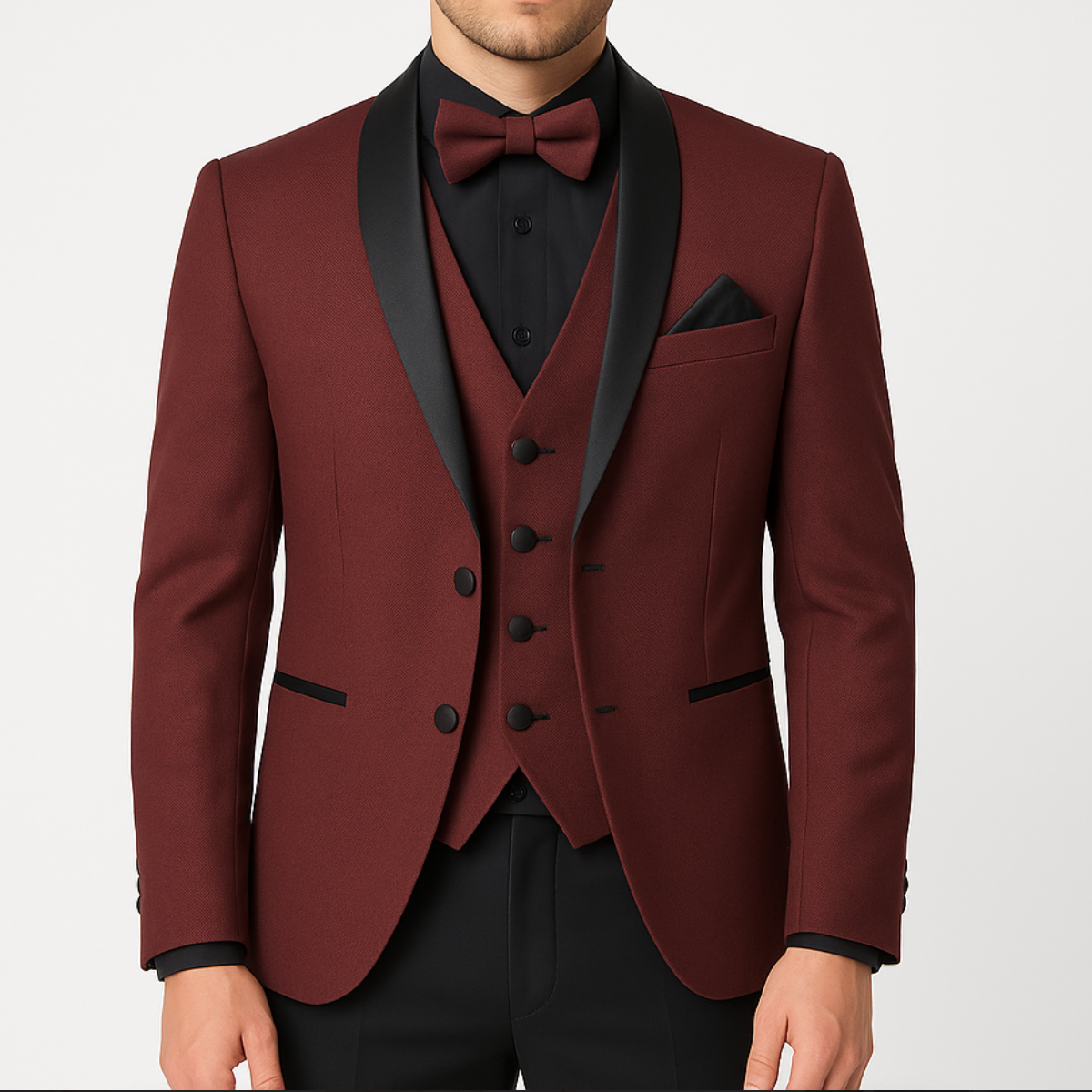 A man in a maroon tuxedo with a black bow tie