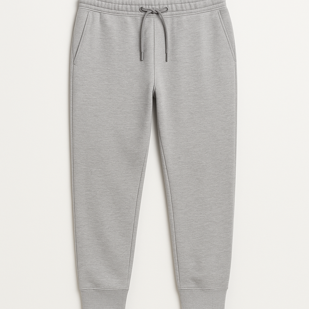 A pair of grey sweatpants with a drawstring waist on a white background.