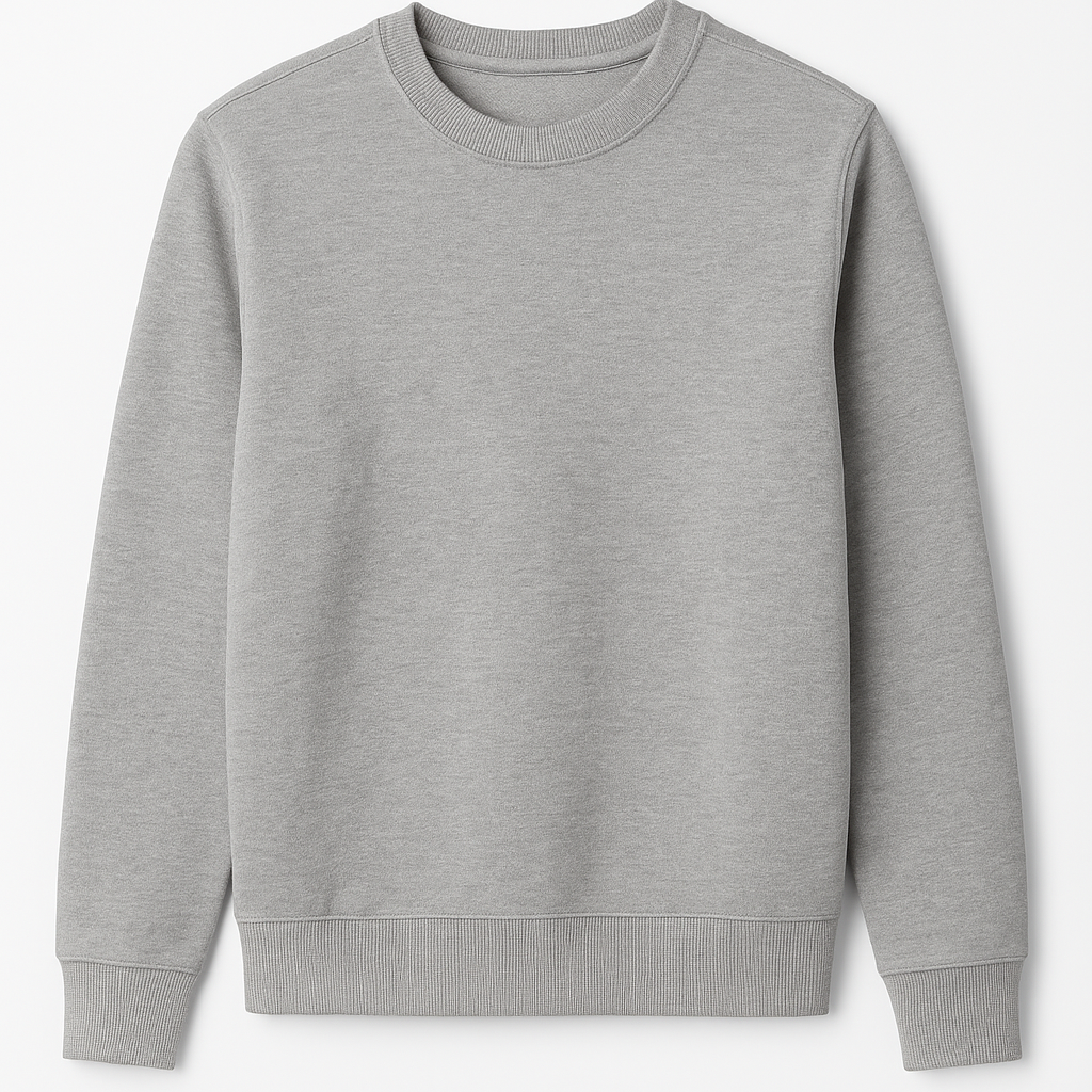 A grey sweatshirt with long sleeves and a round neck