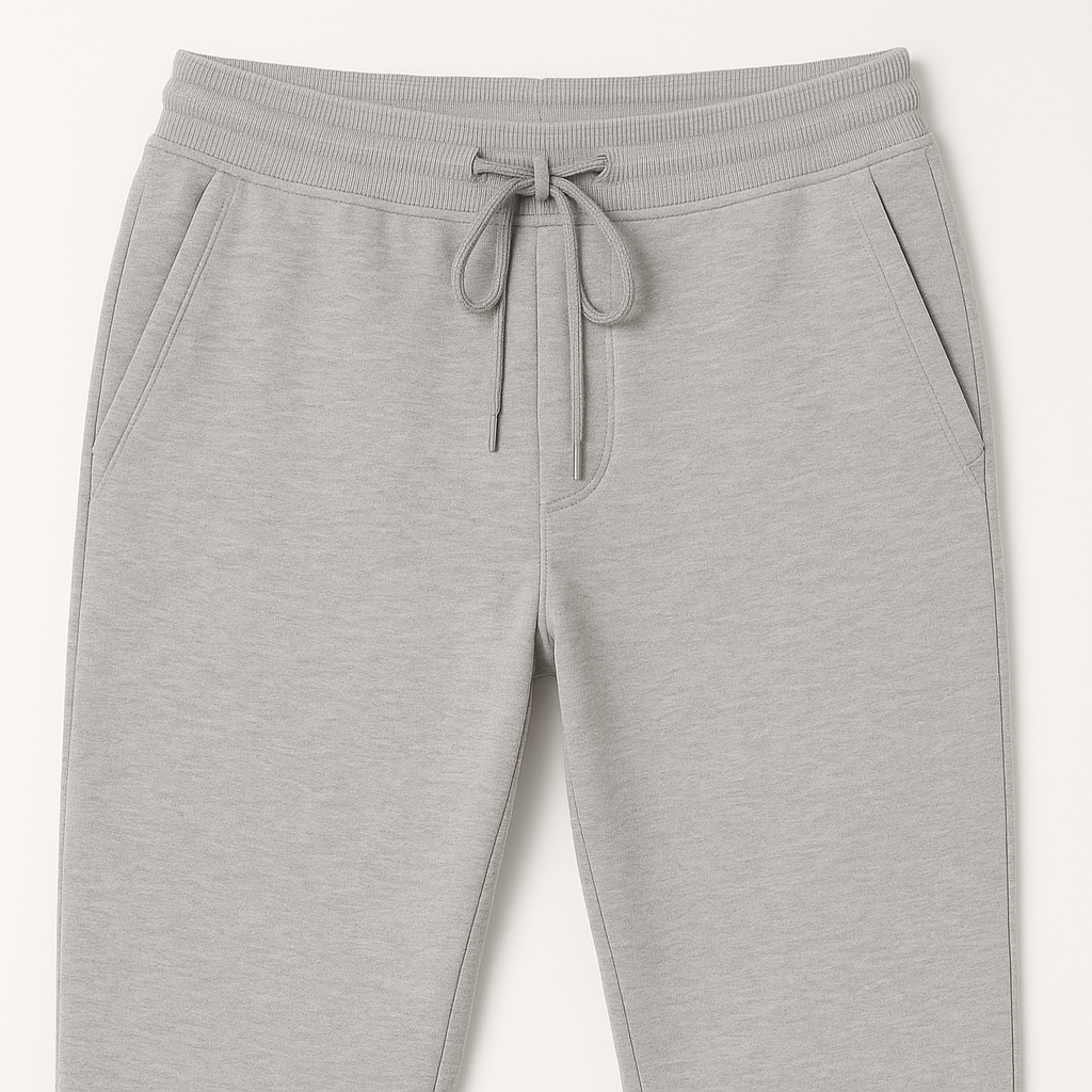 A pair of grey sweatpants with a drawstring waist