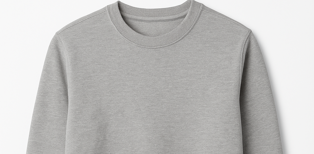 A grey sweatshirt with long sleeves and a round neck
