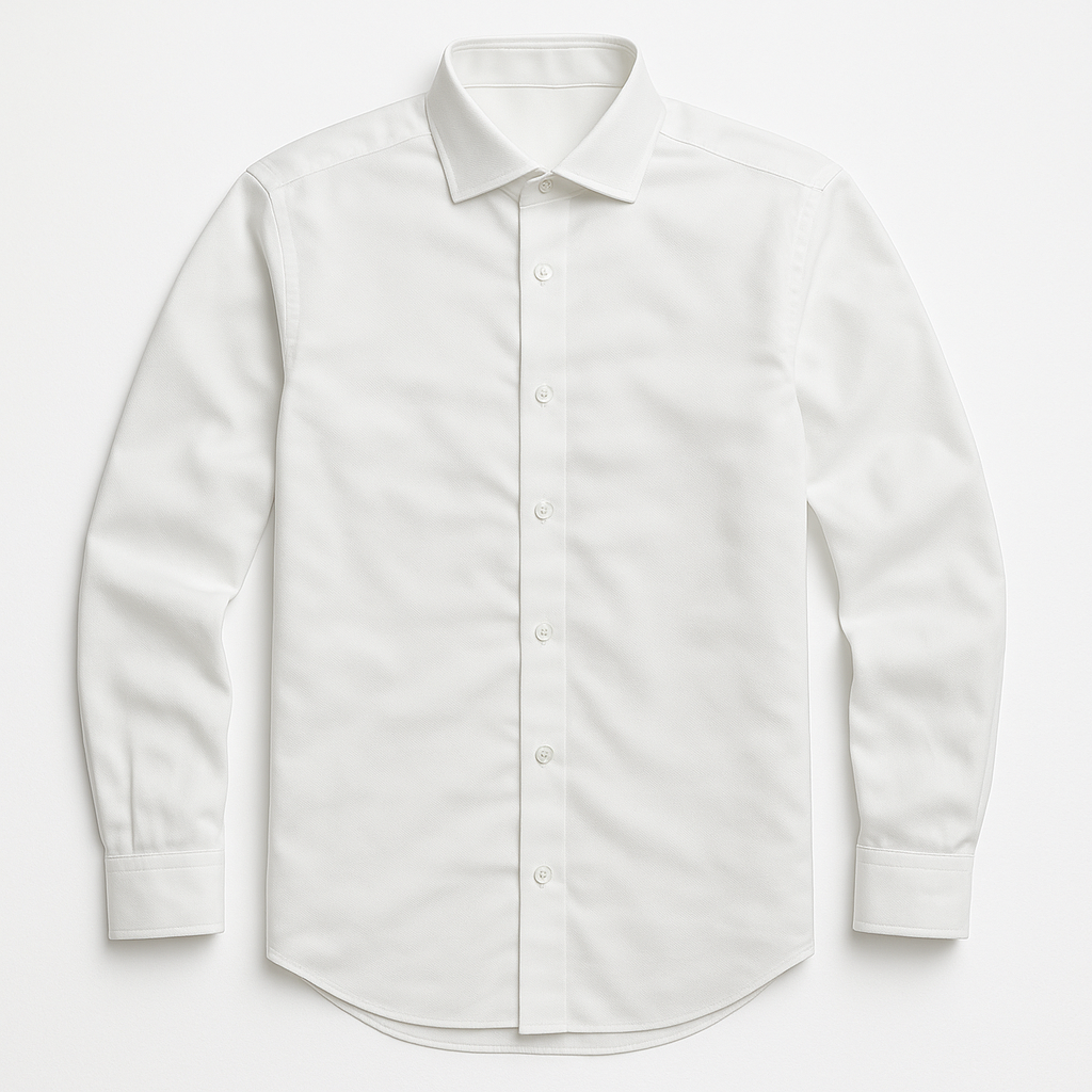 A white dress shirt with long sleeves is on a white background.