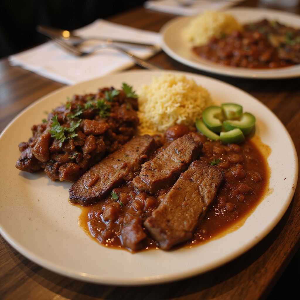 Plate of food with seitan, beans, couscous, and sliced jalapeño.