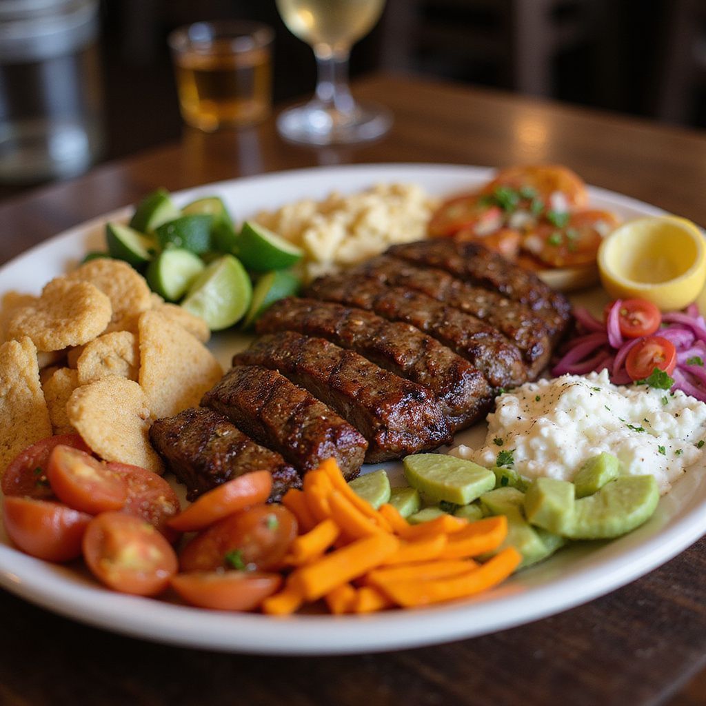 Oval platter with sliced grilled meat, hummus, vegetables, and lemon.