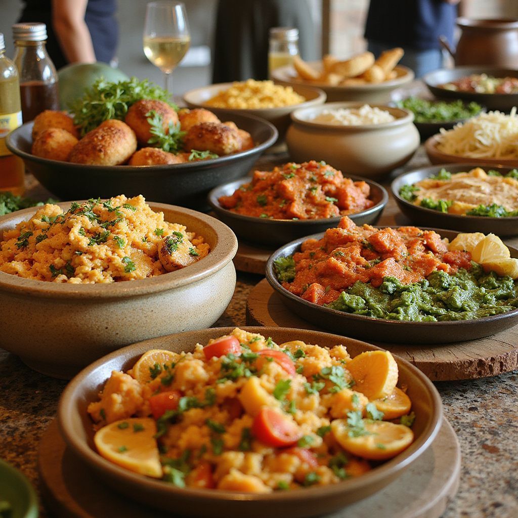 Table of various dishes: couscous, stewed vegetables, fried snacks, pasta.