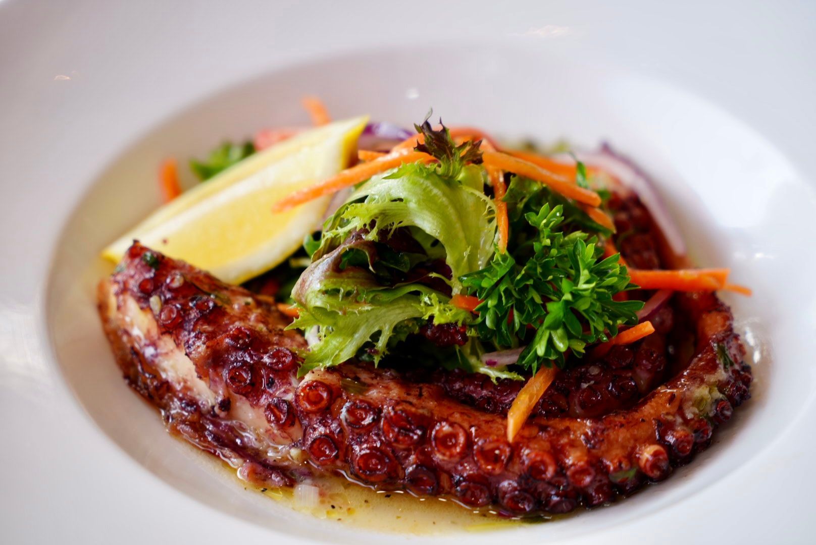 Grilled octopus dish with salad and lemon wedge on a white plate.