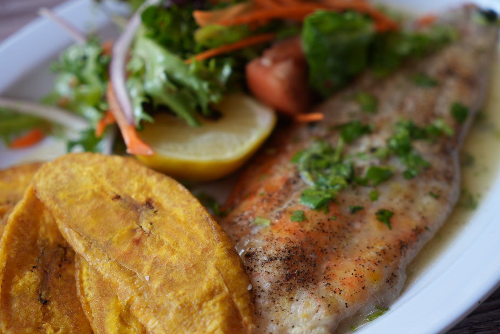 Fish fillet with fried plantains, salad, and lemon on a white plate.