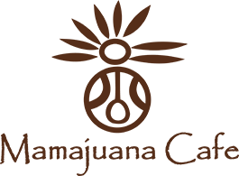 Logo for Mamajuana Cafe: brown design of a flower-like sun with a round object. Text says