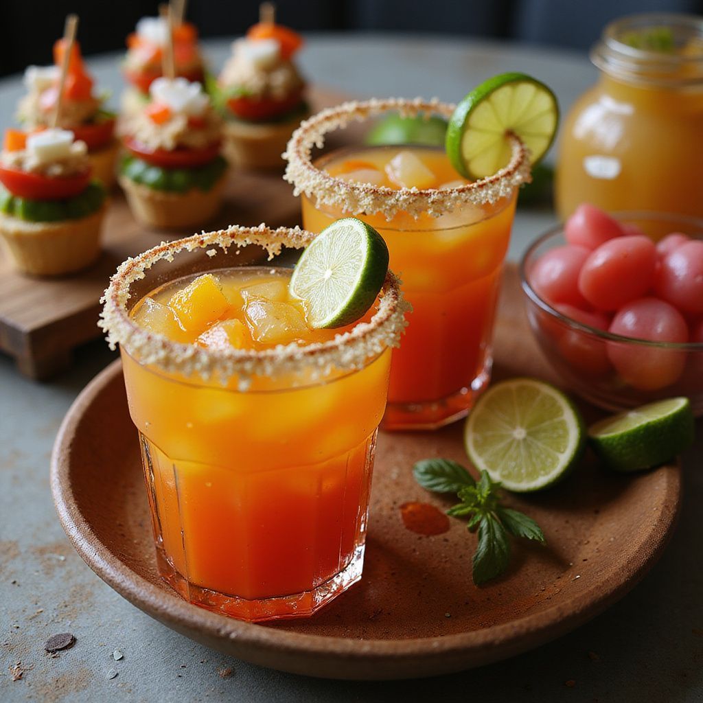 Two orange cocktails with lime, a snack and tomatoes on a wooden tray.