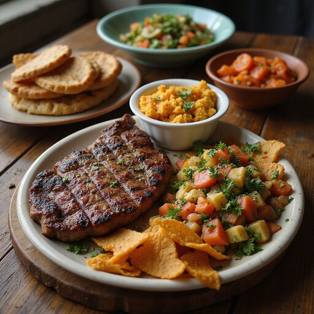 Grilled pork chop, side dishes of carrots, beans, and flatbread on a wooden table.