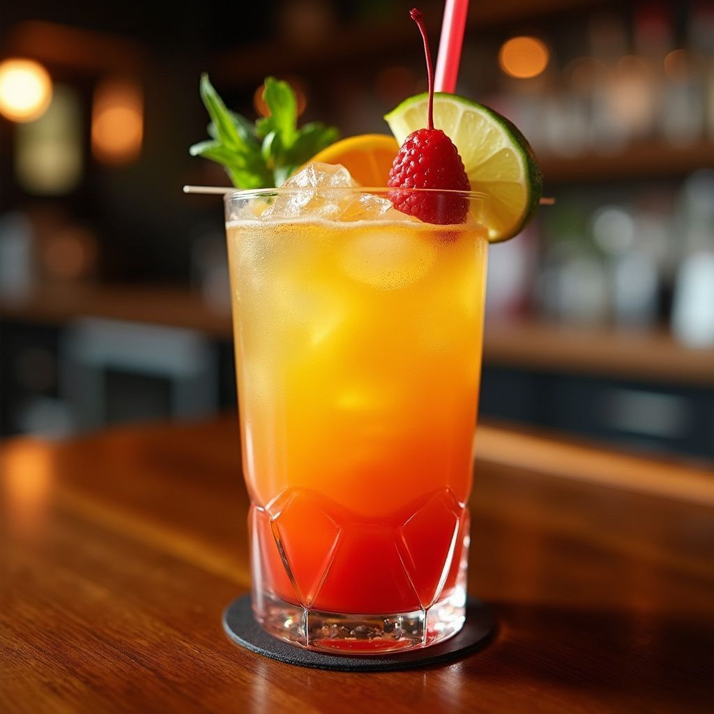 Cocktail in tall glass, orange and yellow layers, garnished with cherry, lime, mint, orange slice. On wooden bar.