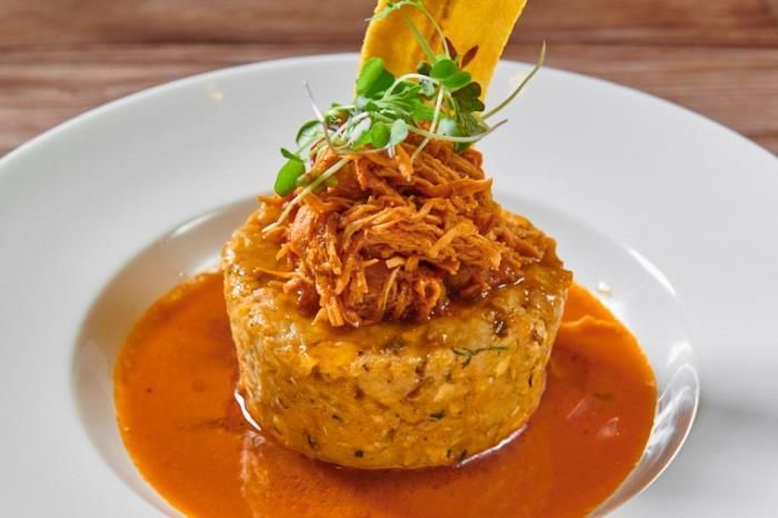 Savory dish: cylindrical food with shredded meat, sauce, garnish on a white plate.