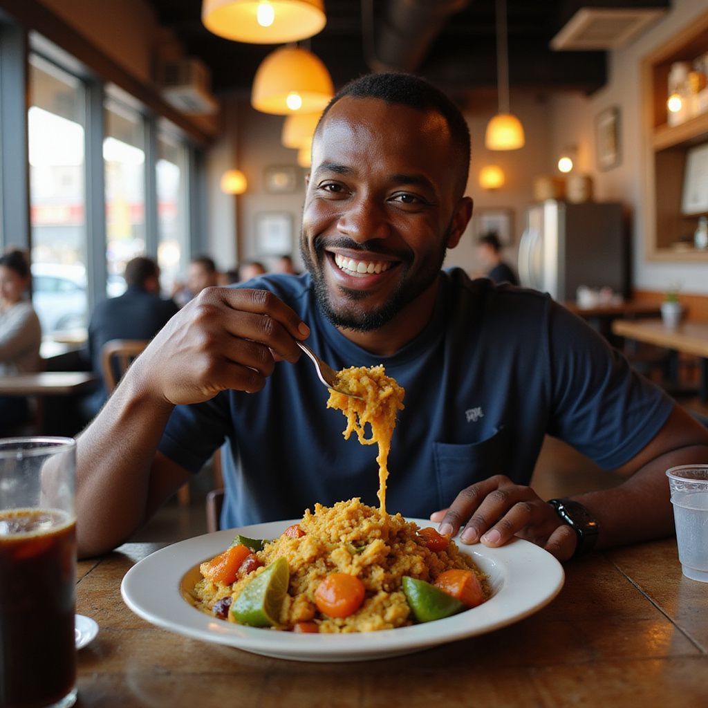 Man smiling, eating from a plate of yellow food at a restaurant. Sunlight streams in.