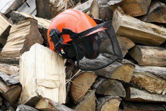 Loggers-helmet-on-wooden-pile - Sales Service in Twin Falls ID