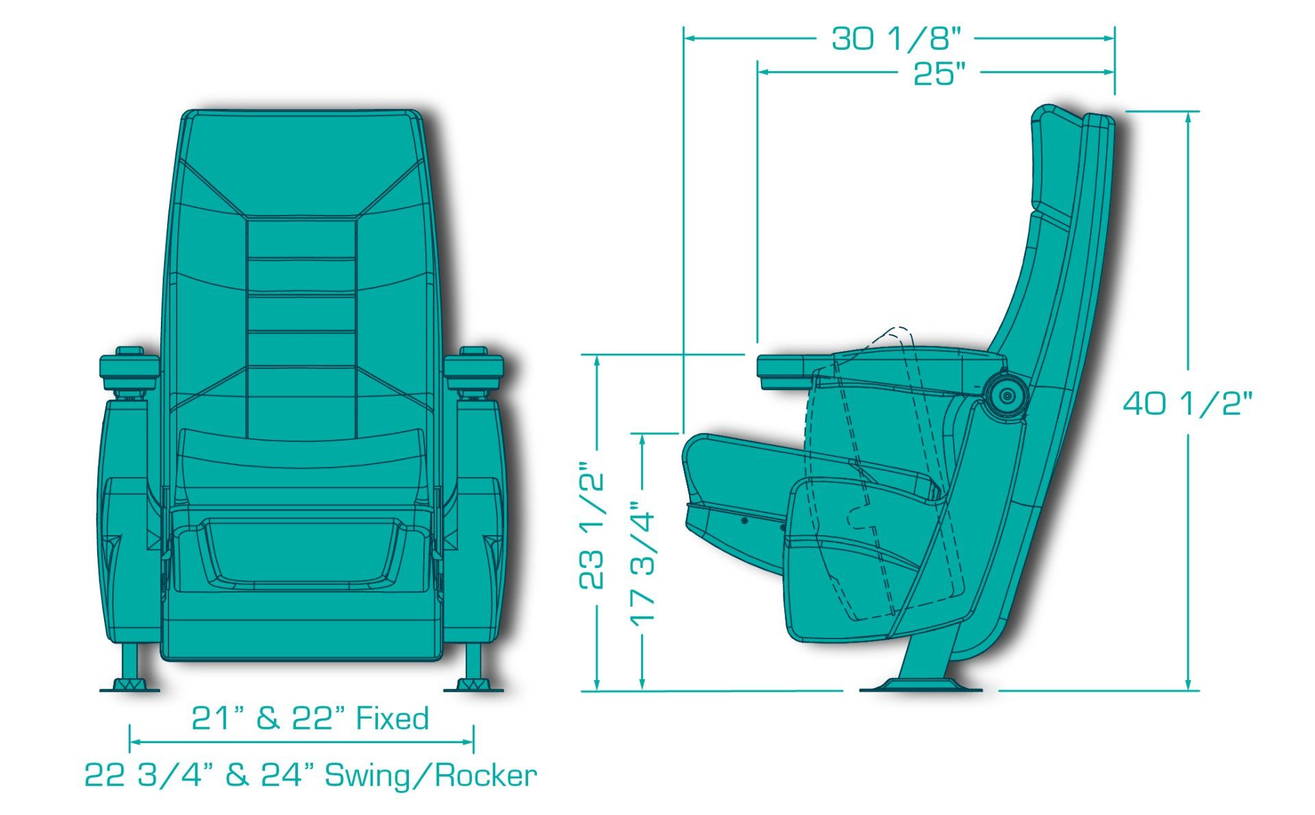 Dimensional drawing for the Venecia Rocker Venice Paladin commercial theater chair for theaters and home theaters