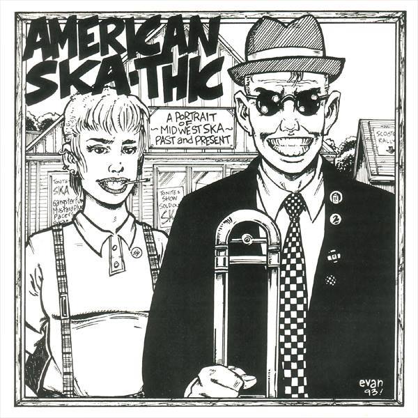 A black and white drawing of a man and a woman titled american skathic