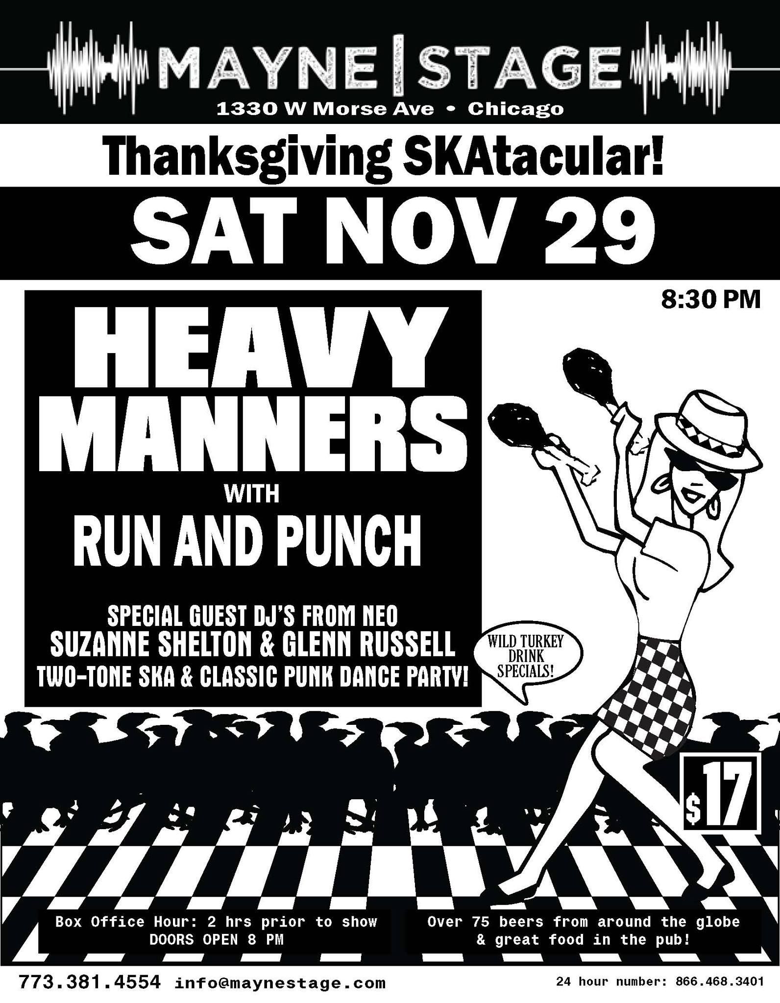 A black and white poster for heavy manners at mayne stage