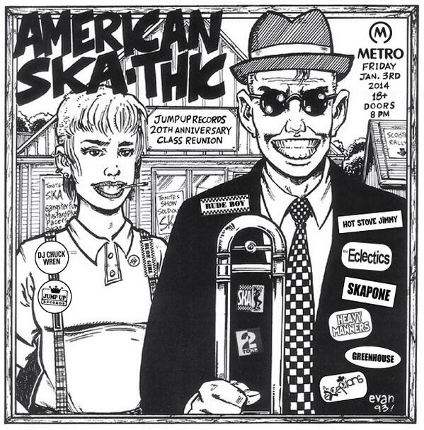 A black and white drawing of a man and a woman titled american skathic