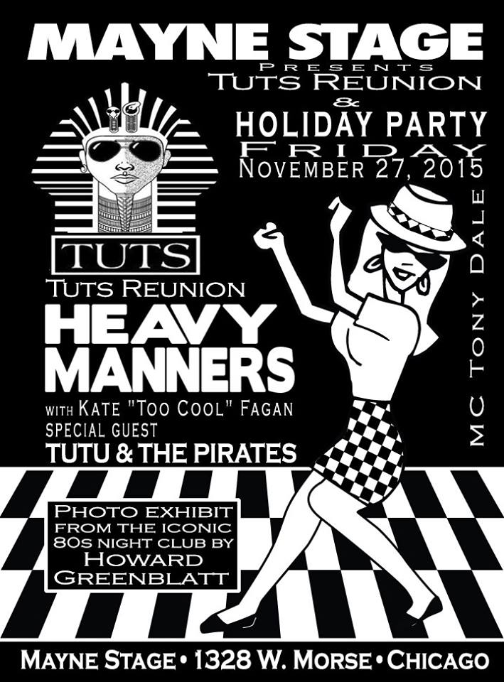A black and white poster for a holiday party at mayne stage
