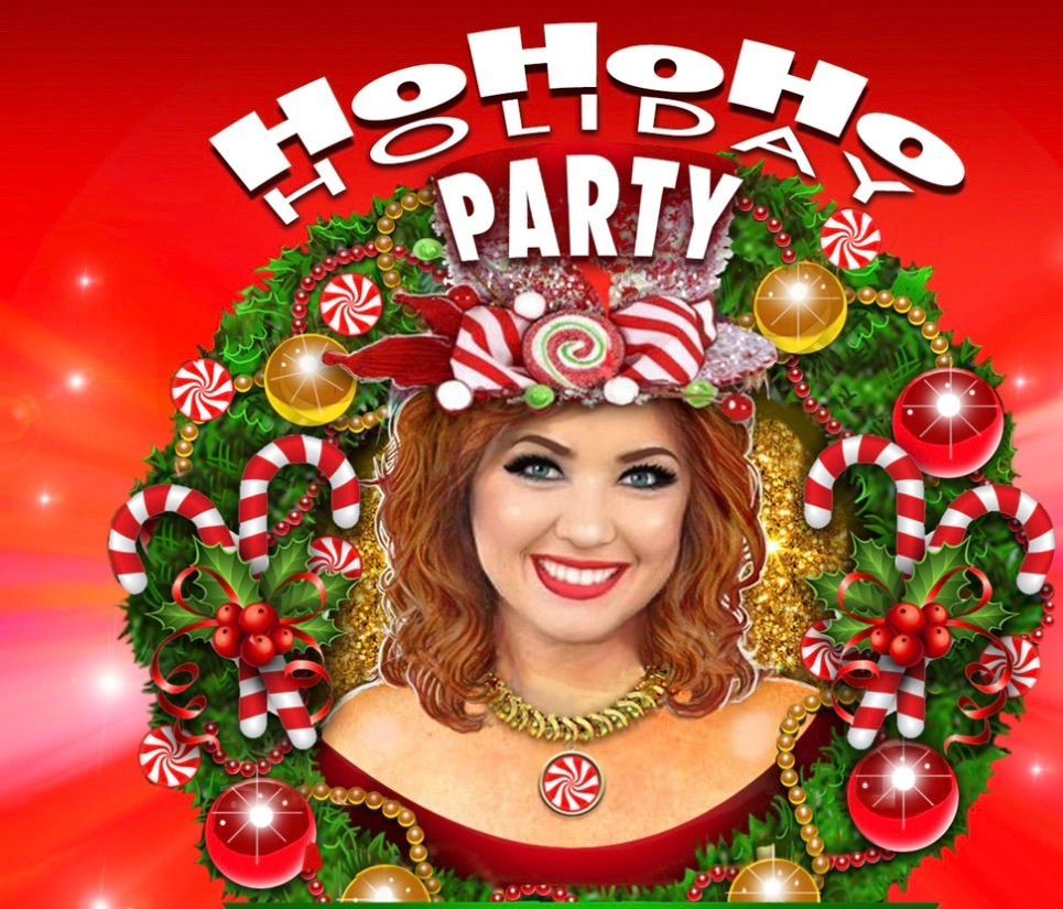 A woman is wearing a christmas wreath on her head.