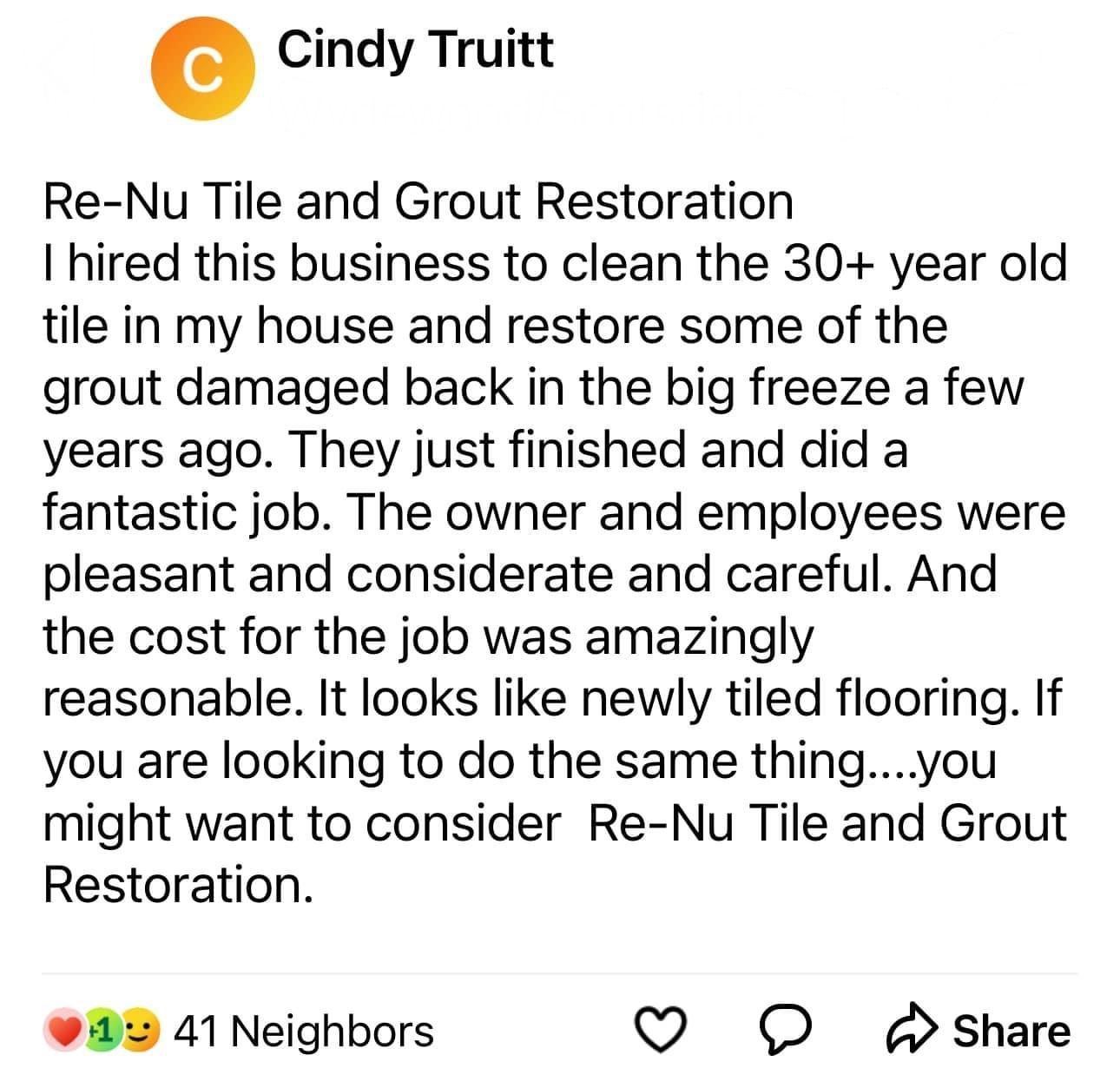 This is an image of a review left on the next door app from a happy tile and grout cleaning customer.  