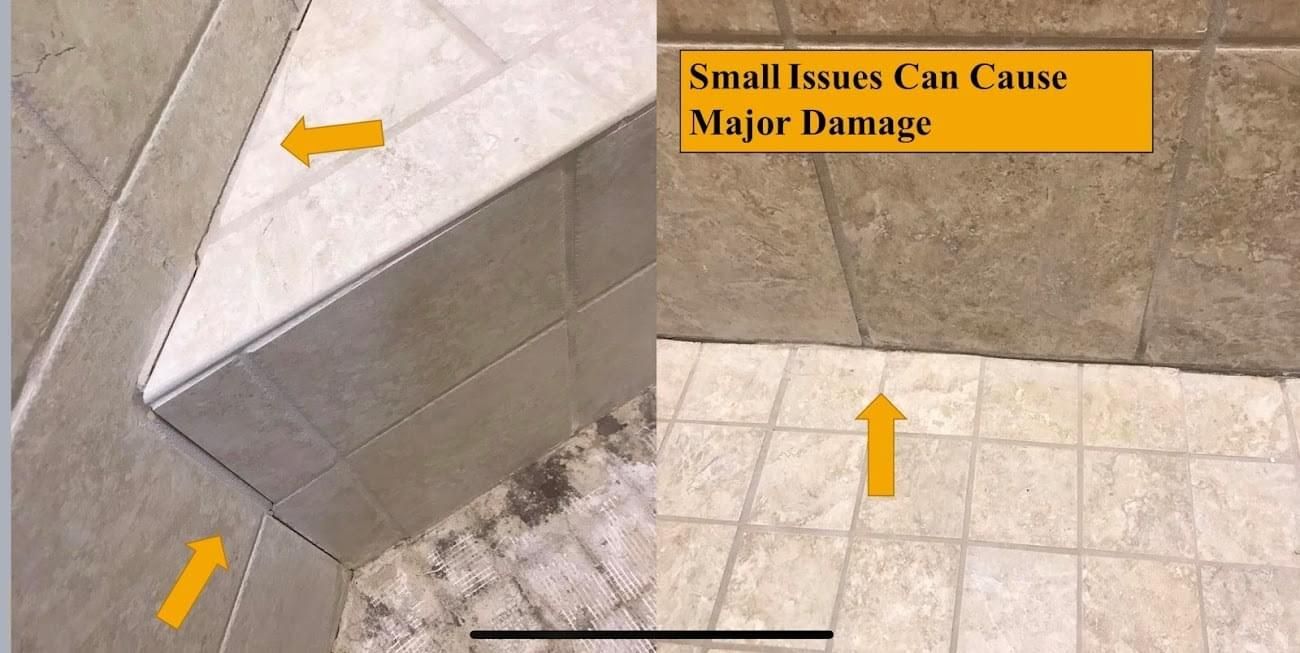 This is a picture of cracking grout in a shower that was repaired. Water was getting underneath the floor tile making it loose. The tile was removed and replaced. 