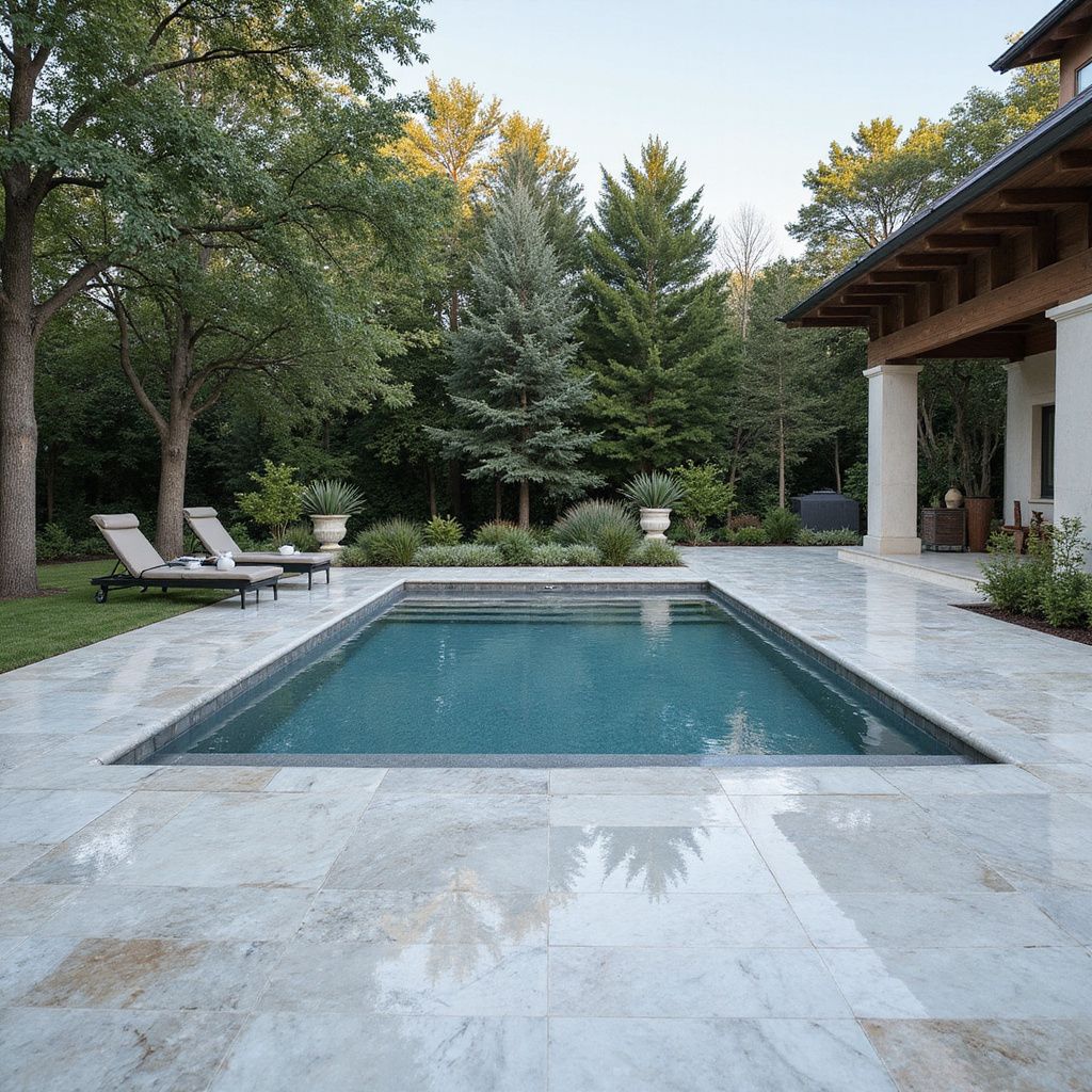 Piscina rectangular rodeada por un patio de piedra de color claro, flanqueada por árboles y una casa con un alero de madera.