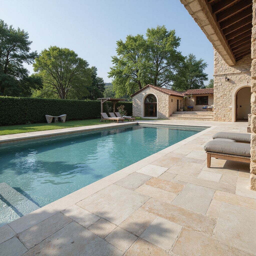 Piscina con patio de piedra, tumbonas y edificación en un entorno exterior soleado.
