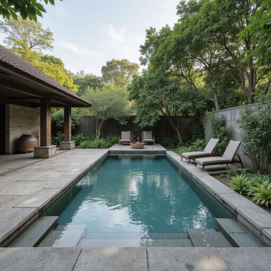 Piscina rectangular rodeada de patio de piedra, tumbonas y exuberante vegetación.