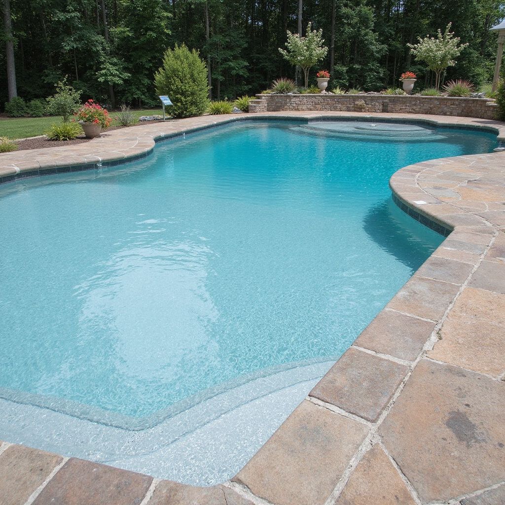 Piscina de agua azul con patio de piedra rodeado de árboles.