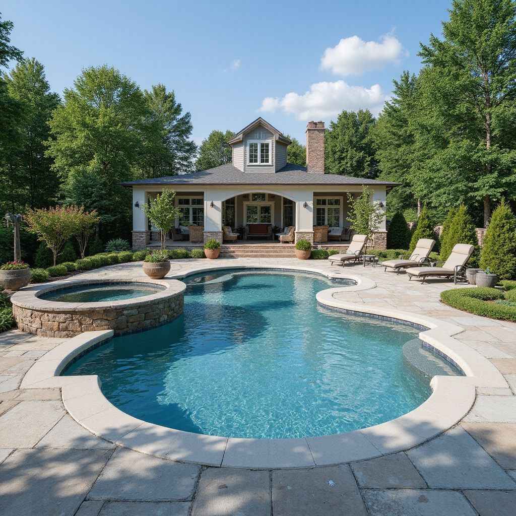 Piscina con jacuzzi y tumbonas en un patio trasero con una casa al fondo.