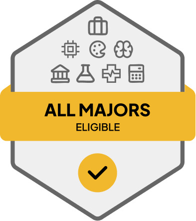 Badge with blue banner: 