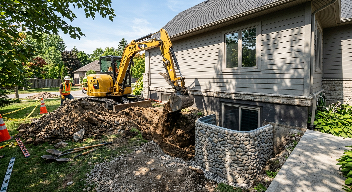 Heavy machinery digging and backfilling dirt for a new egress window well installation in bozeman montana.
