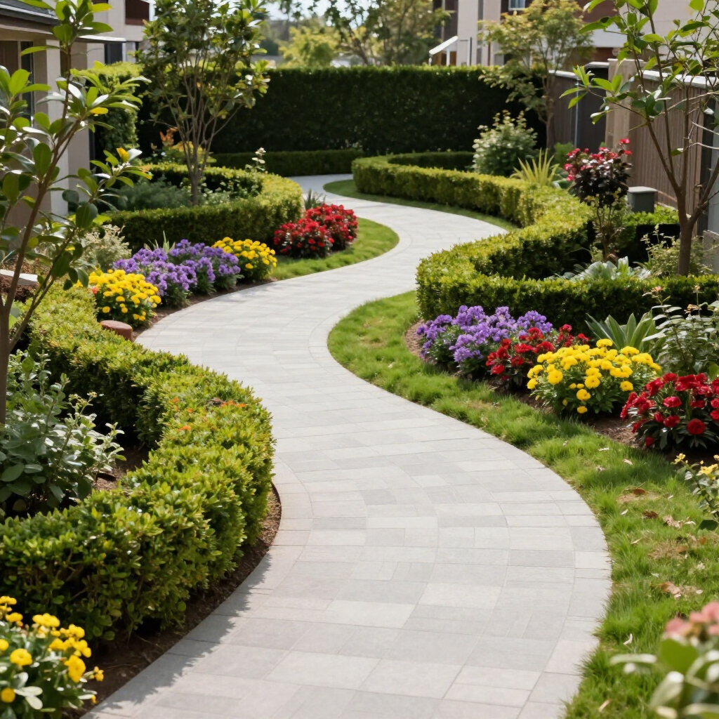 Un sinuoso sendero de piedra atraviesa un exuberante jardín con setos bien cuidados, césped verde
