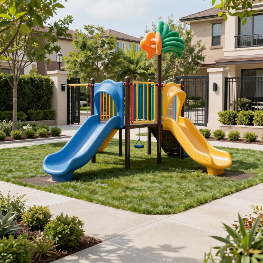 Un colorido parque infantil con un tobogán azul y otro amarillo, situado en un césped entre casas residenciales.