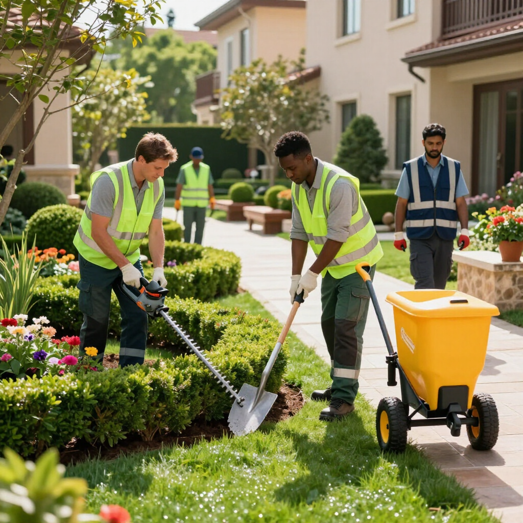 Tres trabajadores con chalecos reflectantes cuidan un jardín, utilizando una podadora de setos