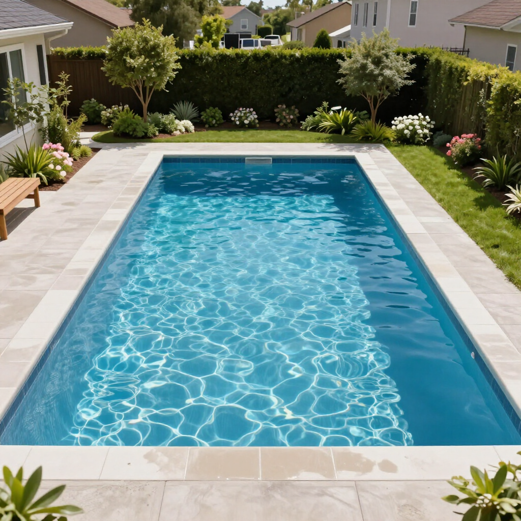 Una piscina rectangular de agua azul rodeada de adoquines de piedra, exuberante vegetación y casas residenciales al fondo.