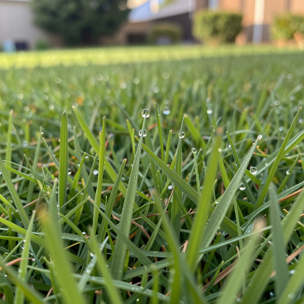 Vista de cerca de vibrantes briznas de hierba verde cubiertas de brillantes gotas de rocío