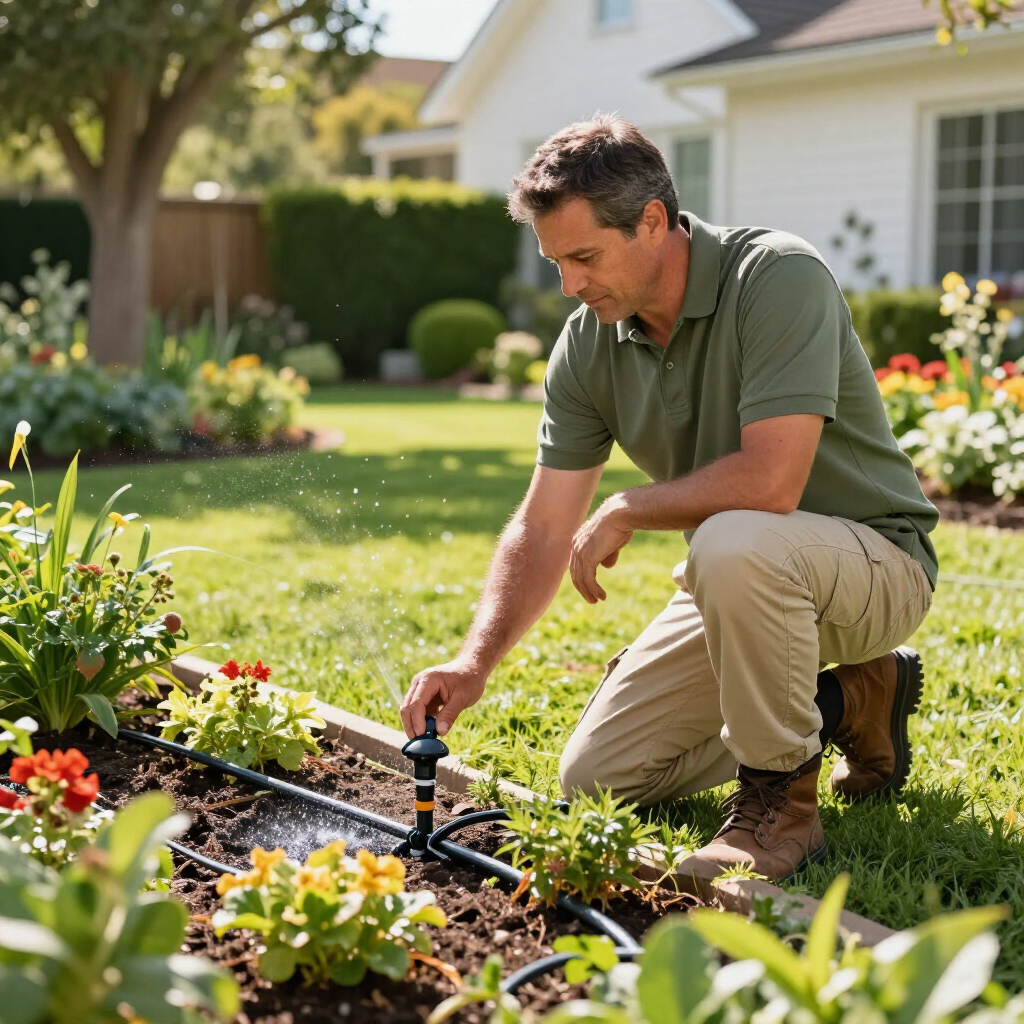 Una persona se arrodilla en un patio para ajustar un emisor de riego por goteo negro que riega un parterre.